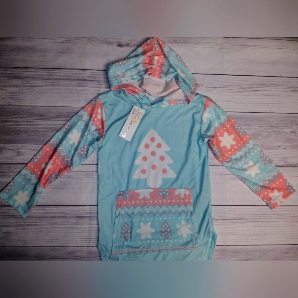 Sunshine Swing‎ Kids Girls Size 4 Blue Christmas Tree Hoodie Long Sleeve Pocket